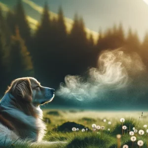 Hund liegt auf einer sonnigen Wiese und atmet eine Nebelwolke aus